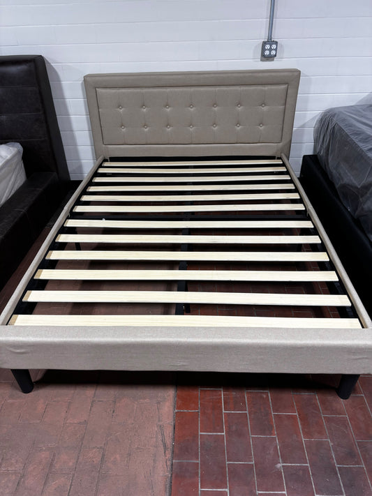 Beige Tufted Upholstered Platform Bed Frame – Queen