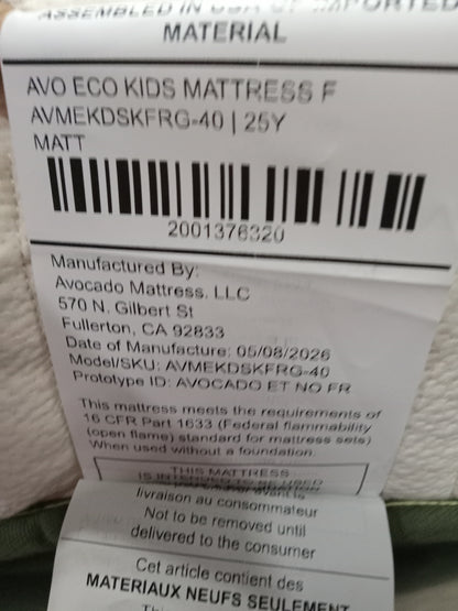 Avocado | Eco Organic Kids 8" | Full Mattress